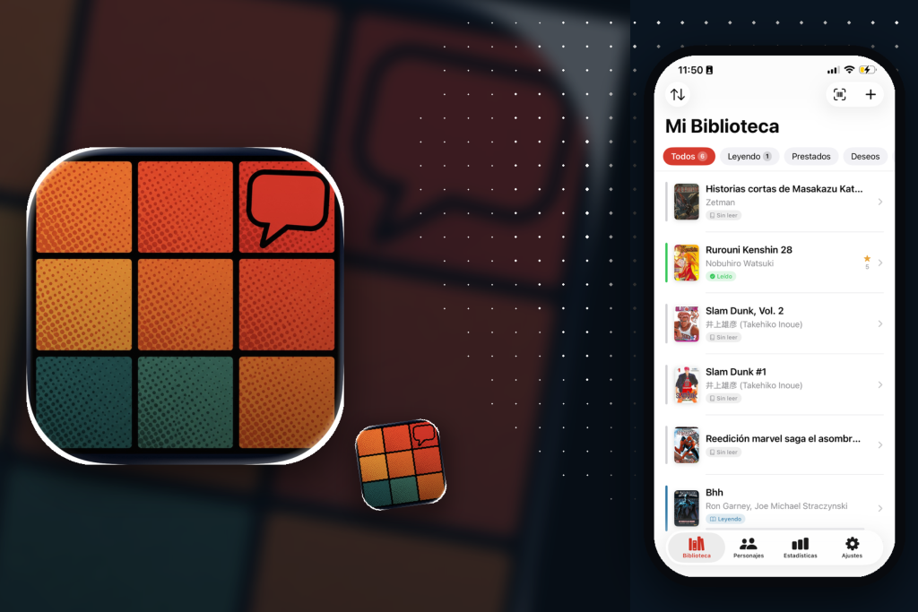 Portada horizontal de una app de colección de cómics, con el icono de la aplicación y una captura de la biblioteca mostrando varios tomos organizados por estado de lectura.