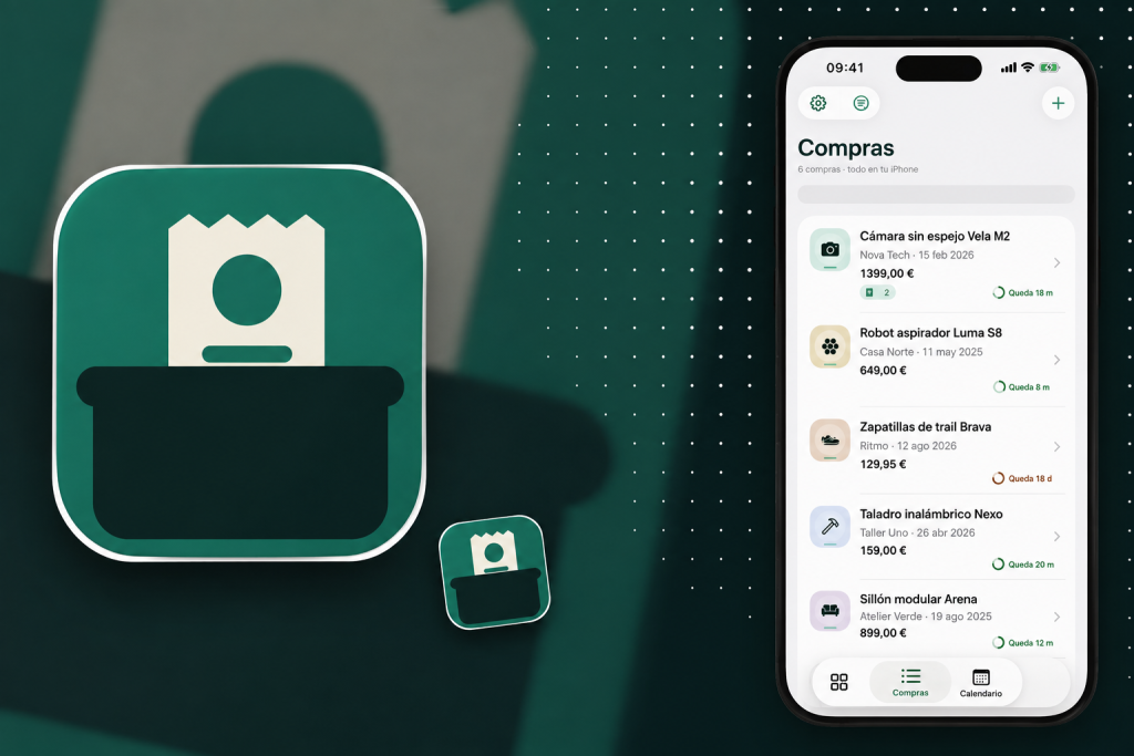 Imagen promocional de TicketTac con el icono de la app y un iPhone mostrando la pantalla de compras y garantías.